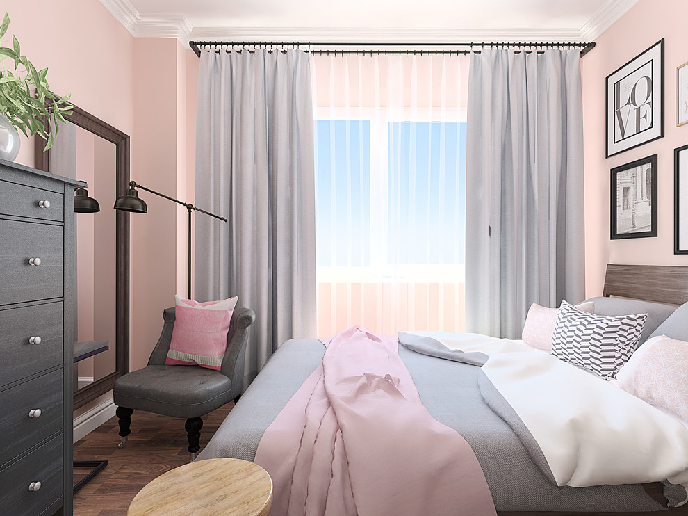 Design ideas for a small scandi master bedroom in Other with pink walls, dark hardwood flooring and brown floors.