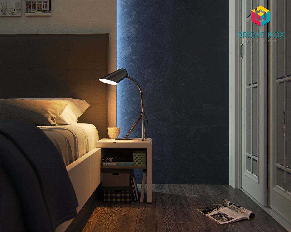 Esempio di una camera da letto contemporanea di medie dimensioni con pareti blu e parquet scuro