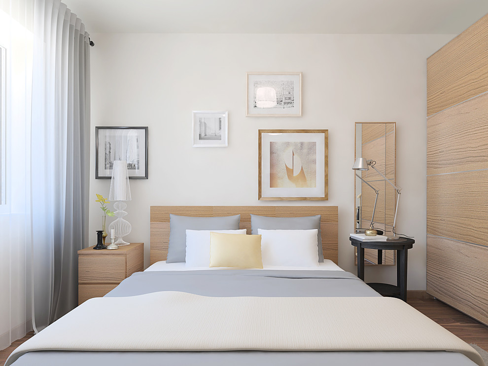 他の地域にある小さな北欧スタイルのおしゃれな主寝室 (白い壁、濃色無垢フローリング、茶色い床)
