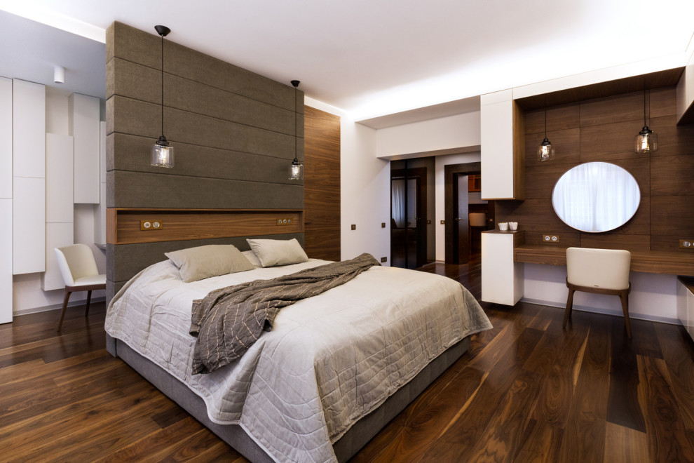 На фото: спальня в современном стиле с кроватью в нише с