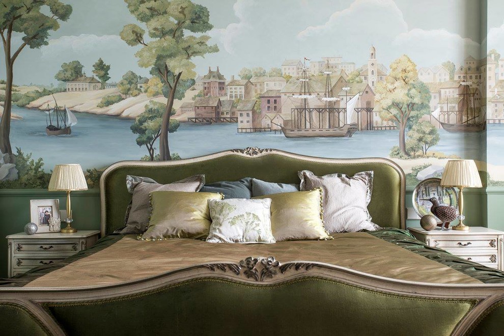 Foto på ett vintage sovrum, med gröna väggar