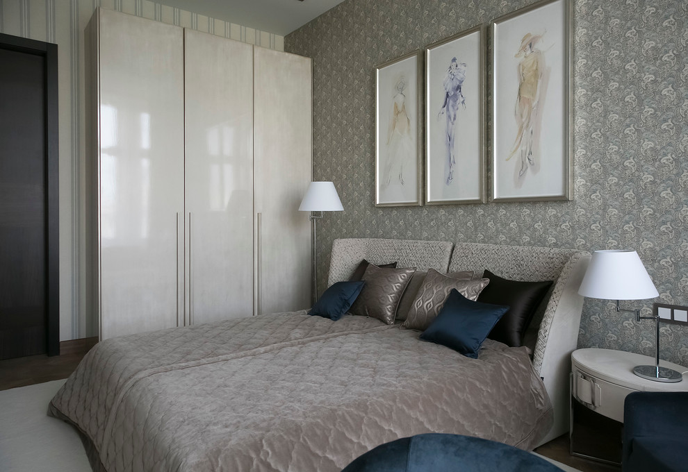 Imagen de habitación de invitados contemporánea de tamaño medio con paredes beige