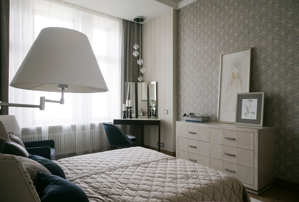 Источник вдохновения для домашнего уюта: гостевая спальня среднего размера, (комната для гостей) в современном стиле с бежевыми стенами