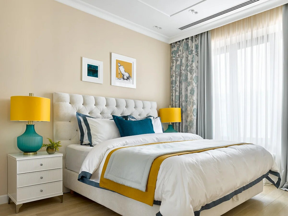 Bedroom - contemporary master light wood floor bedroom idea in Moscow with beige walls