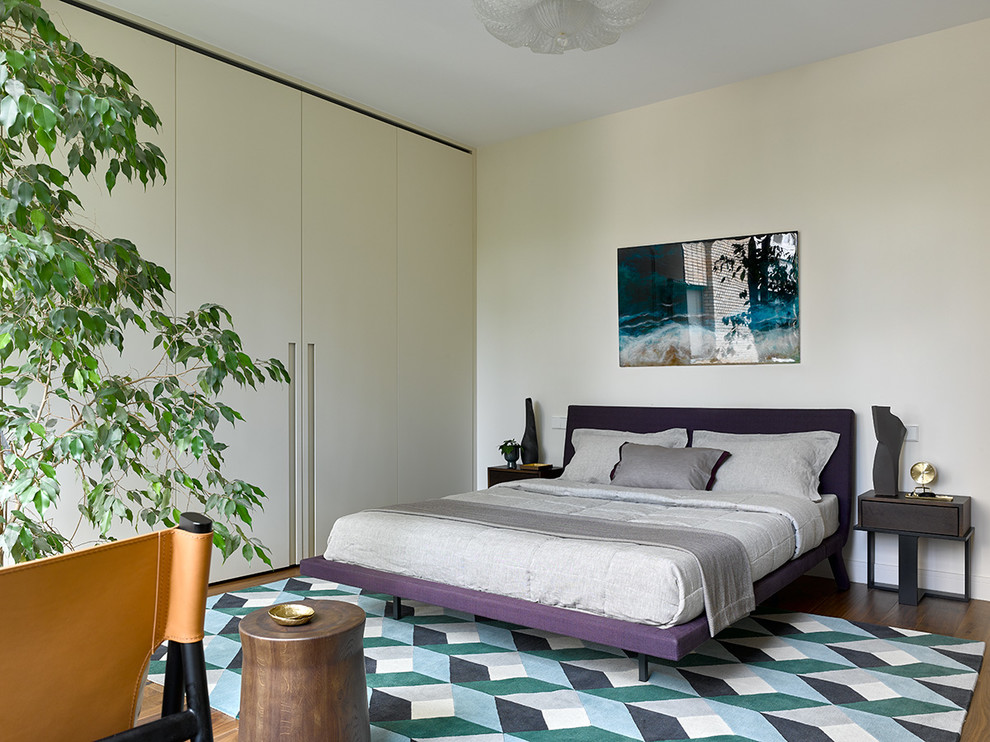 Bedroom - contemporary master dark wood floor and brown floor bedroom idea in Moscow with beige walls