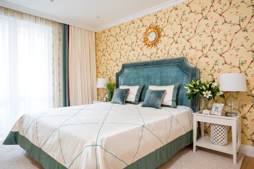 Example of a classic master carpeted bedroom design in Moscow with beige walls