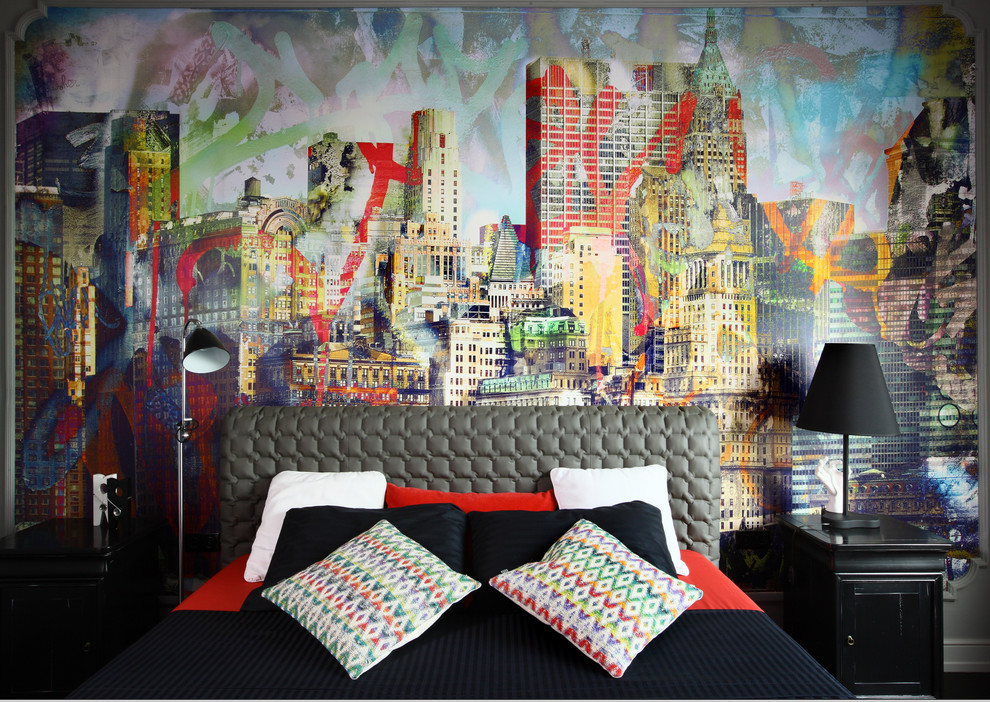 Inspiration for a medium sized eclectic master bedroom in Moscow with multi-coloured walls.