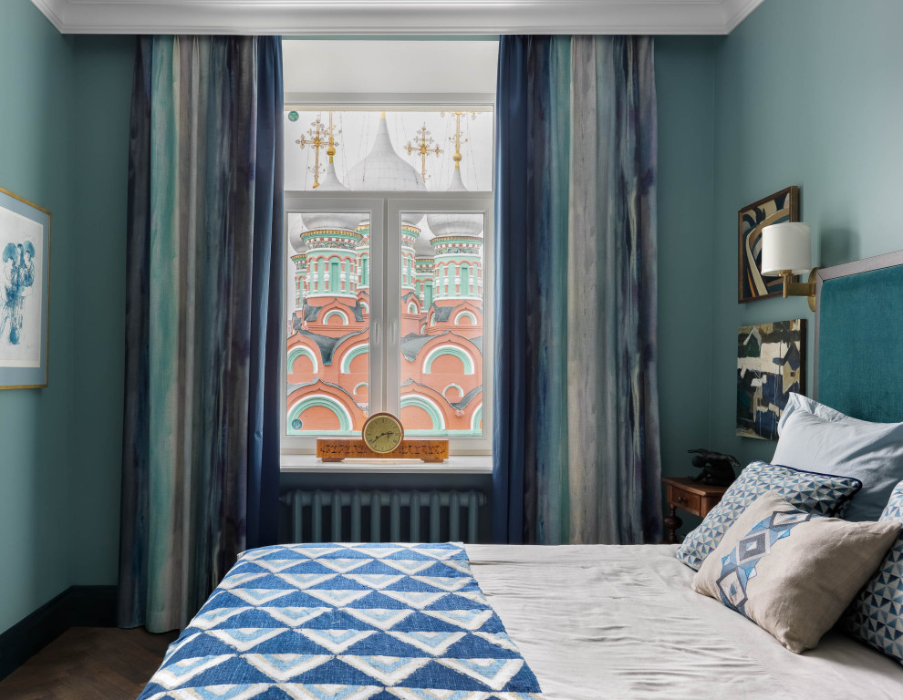 Bedroom - transitional dark wood floor and brown floor bedroom idea in Moscow with blue walls