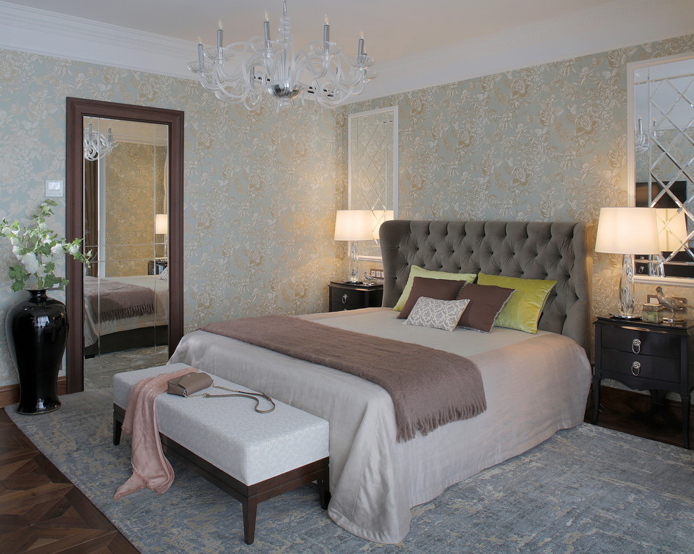 Mid-sized elegant master dark wood floor and brown floor bedroom photo in Other with beige walls