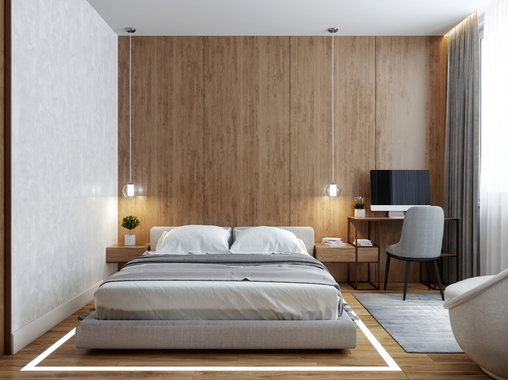 Esempio di una camera da letto contemporanea di medie dimensioni con pavimento in legno massello medio, pareti marroni e nessun camino