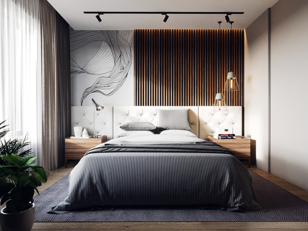 На фото: хозяйская спальня среднего размера в современном стиле с серыми стенами, паркетным полом среднего тона и бежевым полом с