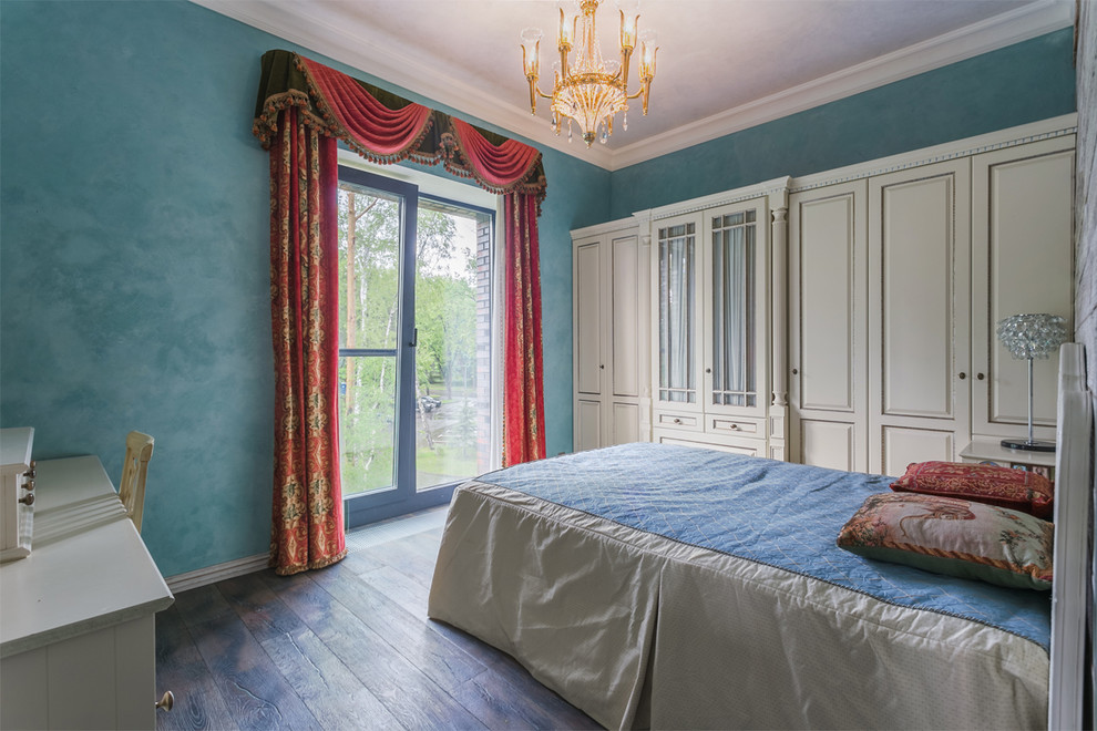 Inspiration for a medium sized bohemian master bedroom in Moscow with blue walls, dark hardwood flooring and brown floors.