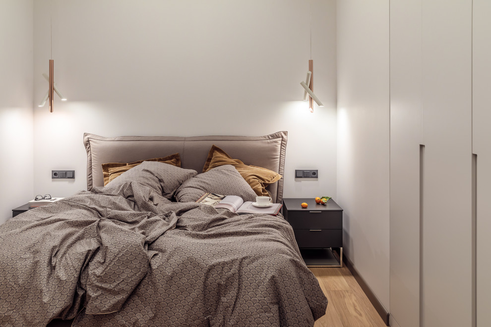 Modernes Schlafzimmer mit weißer Wandfarbe und hellem Holzboden in Sonstige