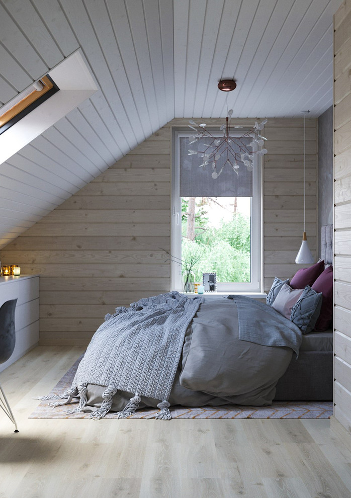 Идея дизайна: спальня среднего размера в скандинавском стиле с полом из ламината