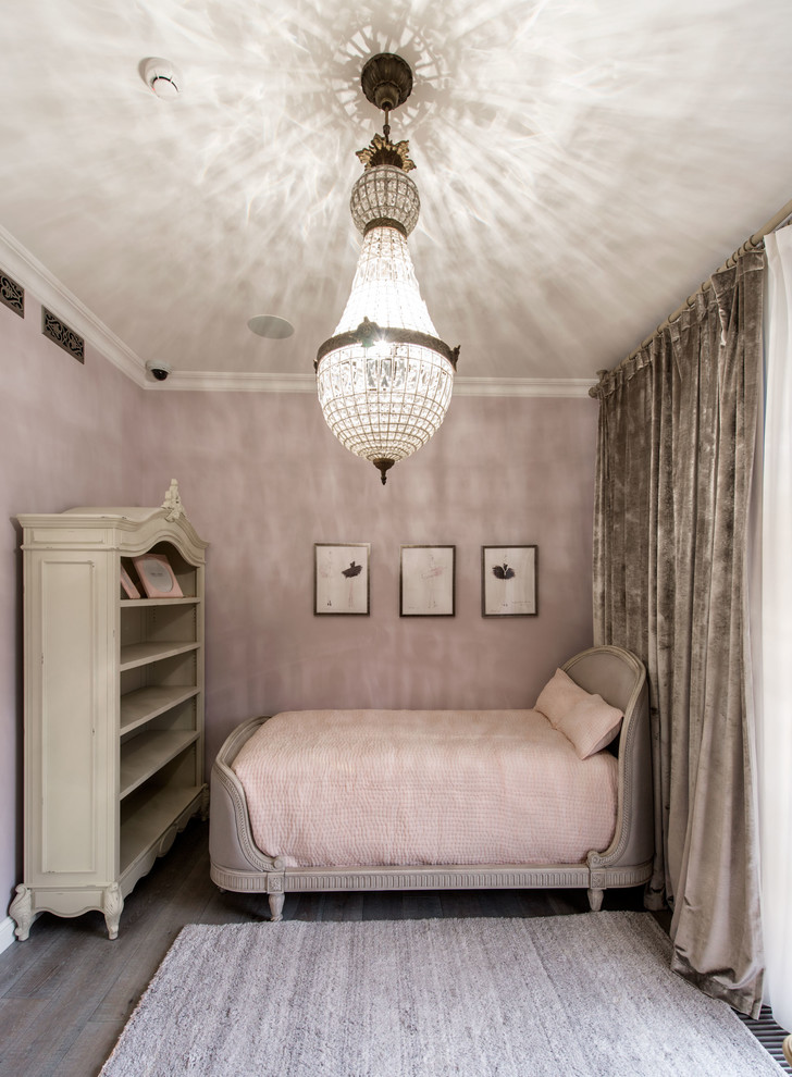 Photo of a traditional master and grey and pink bedroom in Moscow with pink walls and carpet.
