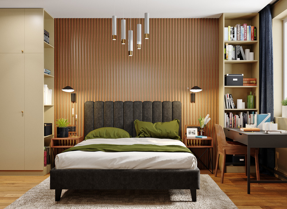 Imagen de dormitorio principal contemporáneo de tamaño medio sin chimenea con paredes beige, suelo de madera en tonos medios y suelo marrón