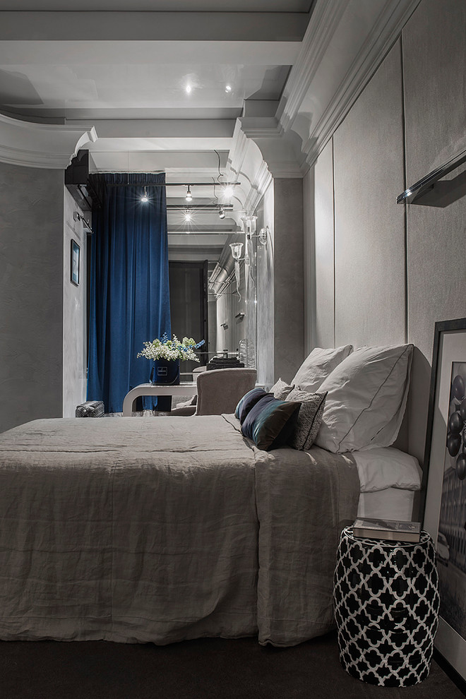 Traditional master bedroom in Moscow with grey walls and carpet.