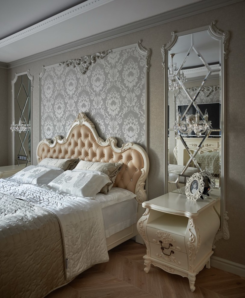 Design ideas for a classic master bedroom in Other with grey walls and medium hardwood flooring.