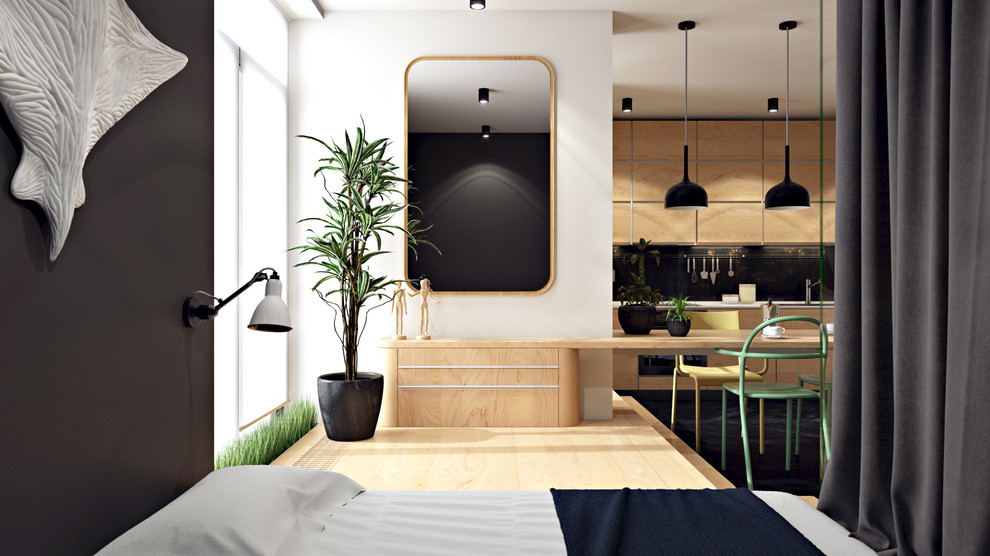 Источник вдохновения для домашнего уюта: хозяйская спальня в современном стиле с серыми стенами и полом из фанеры