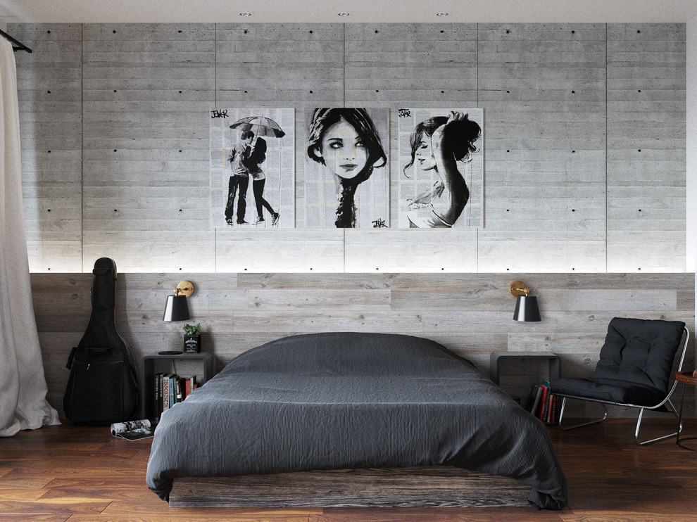 Стильный дизайн: спальня в стиле лофт с серыми стенами, паркетным полом среднего тона и коричневым полом - последний тренд