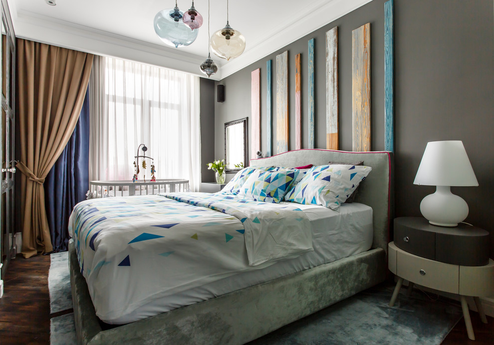 Example of a trendy master bedroom design in Moscow with gray walls