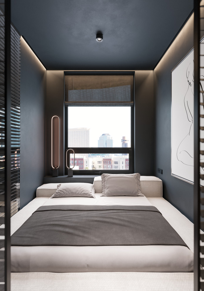 Diseño de dormitorio principal contemporáneo pequeño con paredes negras, suelo de baldosas de porcelana y suelo gris