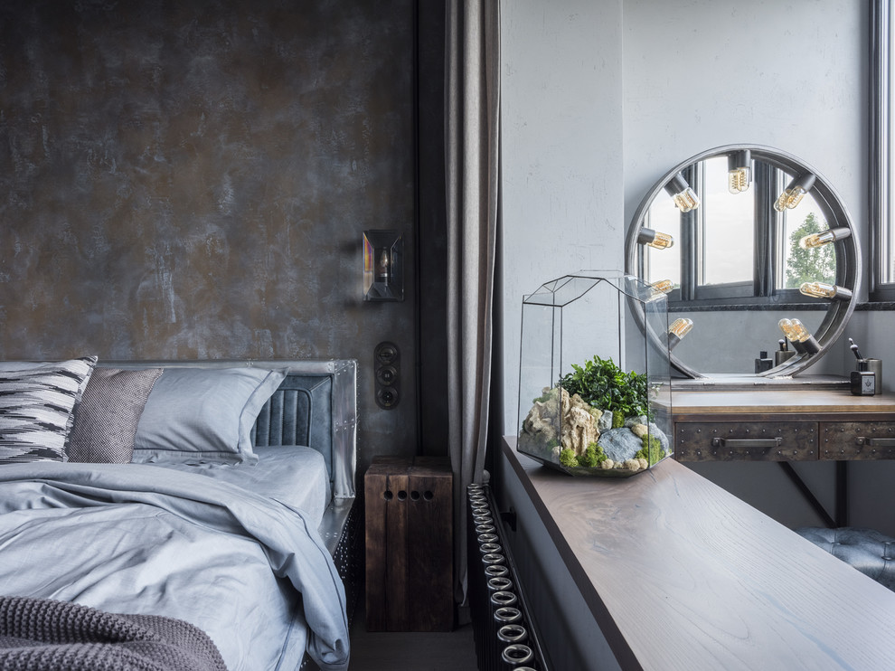 Идея дизайна: спальня в стиле лофт с серыми стенами