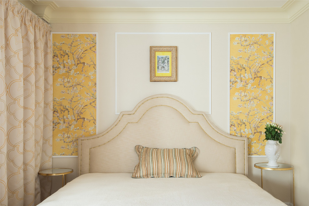 Inspiration for a traditional master bedroom in Moscow with white walls.