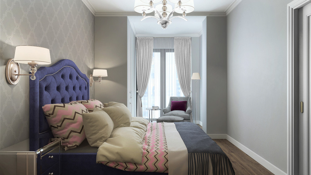 Photo of a medium sized traditional master bedroom in Moscow with grey walls, medium hardwood flooring, no fireplace and brown floors.