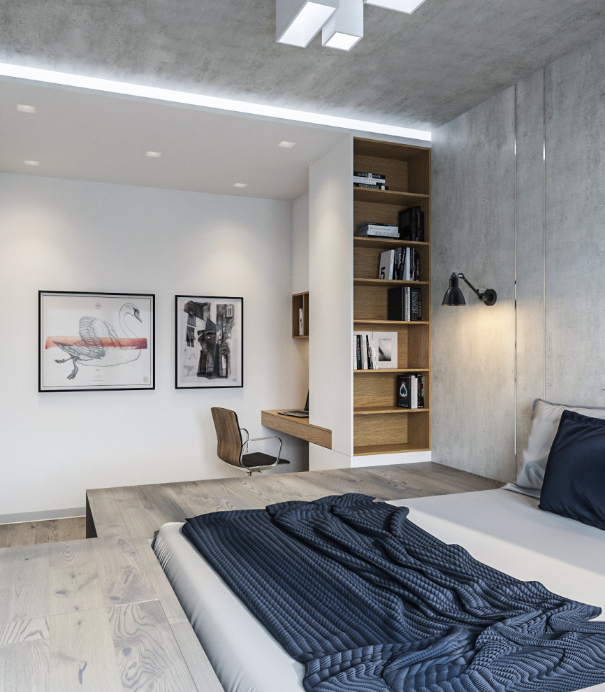 Modelo de dormitorio principal contemporáneo de tamaño medio sin chimenea con paredes grises, suelo de madera clara, suelo gris y bandeja