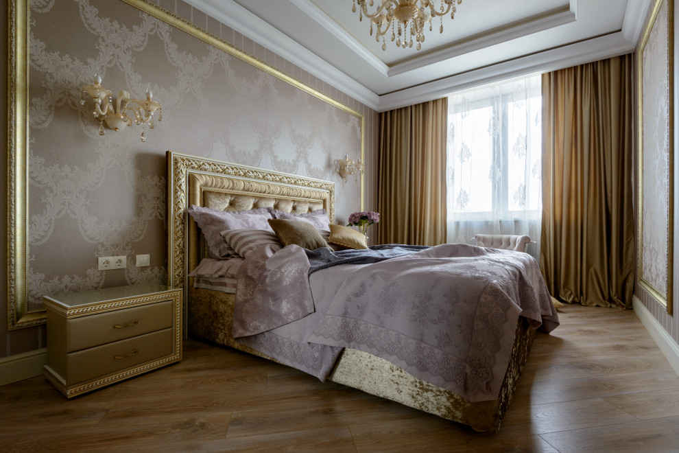 Пример оригинального дизайна: спальня среднего размера в стиле неоклассика (современная классика)