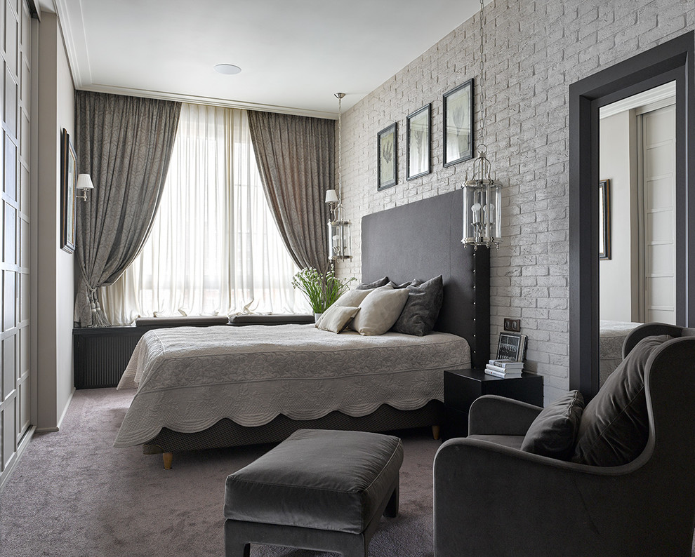 Пример оригинального дизайна: хозяйская спальня среднего размера в современном стиле с серыми стенами и ковровым покрытием без камина