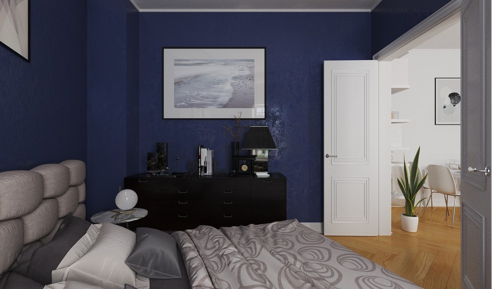 Свежая идея для дизайна: хозяйская спальня среднего размера в стиле лофт с синими стенами и светлым паркетным полом - отличное фото интерьера
