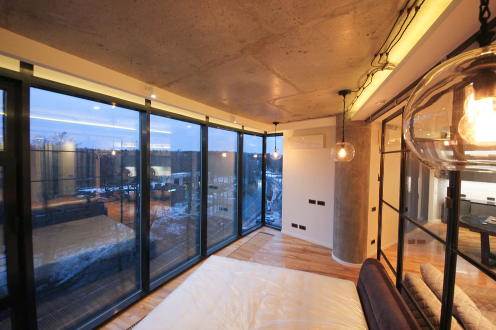 Свежая идея для дизайна: маленькая хозяйская спальня в стиле лофт с белыми стенами, полом из ламината и бежевым полом без камина для на участке и в саду - отличное фото интерьера