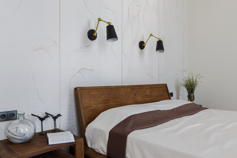 Идея дизайна: спальня: освещение в современном стиле с белыми стенами