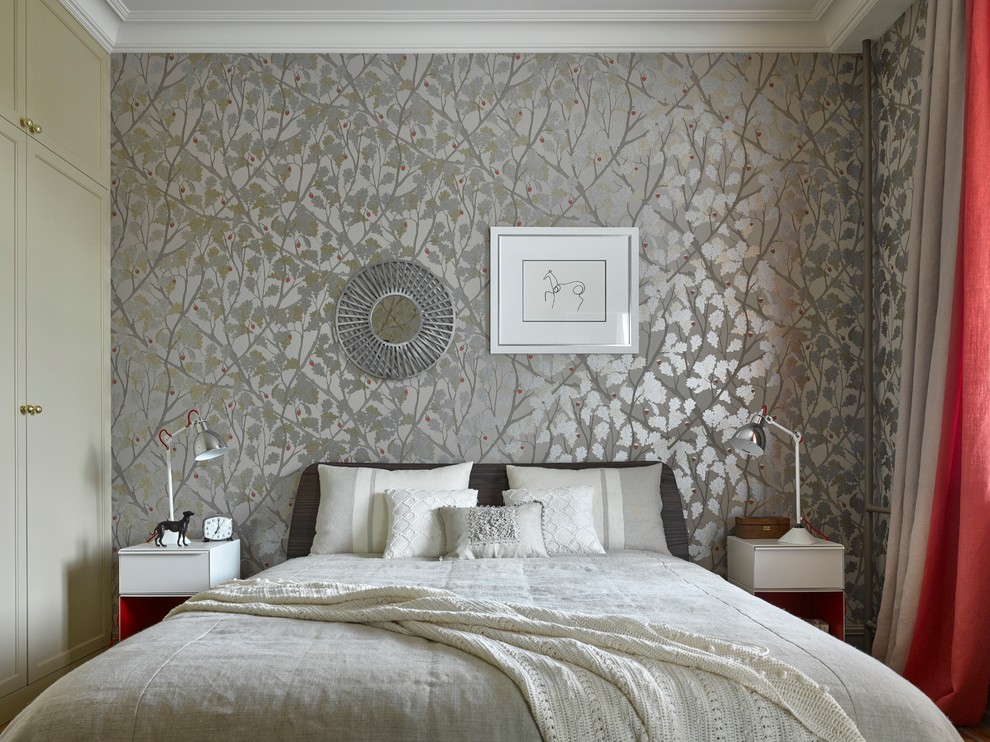 Photo of a contemporary master bedroom in Moscow with grey walls.