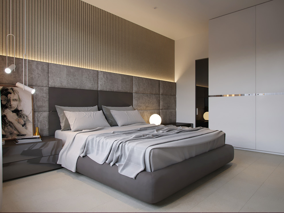 Idée de décoration pour une chambre parentale design de taille moyenne avec un mur beige, un sol en liège et un sol gris.