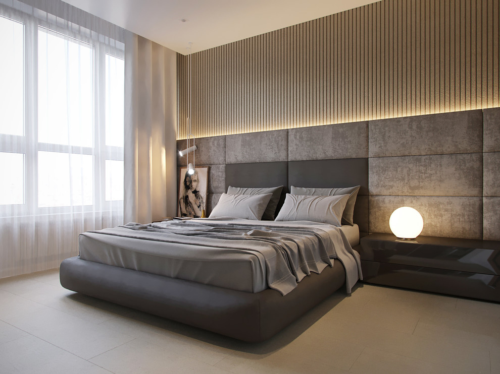 Idée de décoration pour une chambre parentale design de taille moyenne avec un mur beige, un sol en liège et un sol gris.
