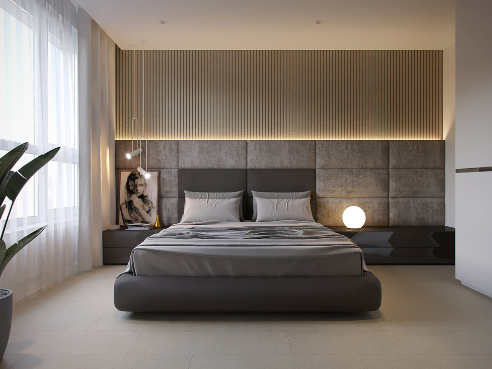 Modelo de dormitorio principal actual de tamaño medio con paredes beige, suelo de corcho y suelo gris