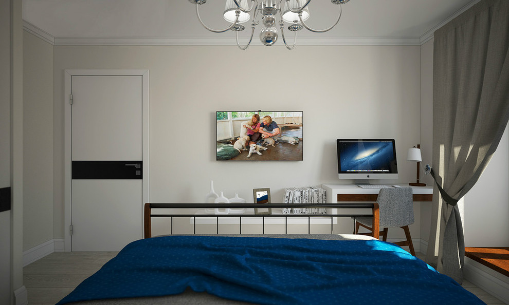 Ejemplo de dormitorio minimalista de tamaño medio con paredes blancas
