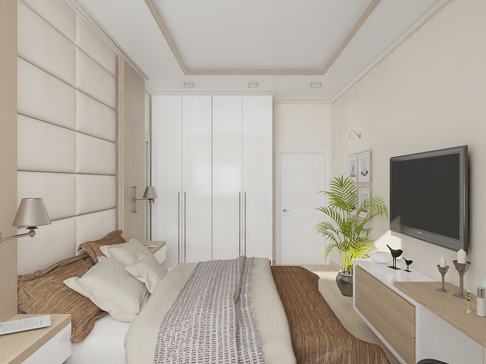 Diseño de dormitorio moderno pequeño con paredes blancas