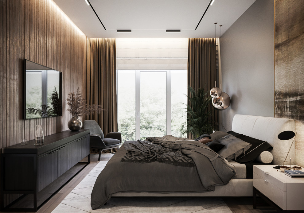Mittelgroßes Modernes Hauptschlafzimmer mit grauer Wandfarbe, braunem Holzboden und beigem Boden in Valencia