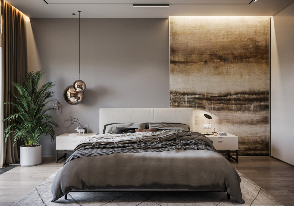 Inspiration pour une chambre parentale design de taille moyenne avec un mur gris, un sol en bois brun et un sol beige.