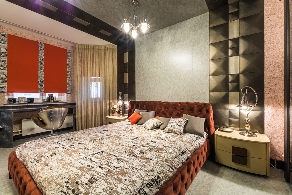Пример оригинального дизайна: хозяйская спальня среднего размера в современном стиле с серыми стенами и полом из линолеума без камина