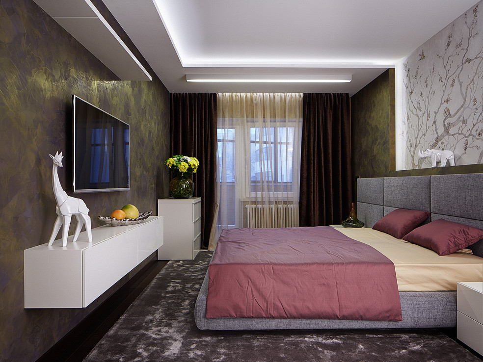 Идея дизайна: хозяйская спальня в современном стиле с ковровым покрытием без камина