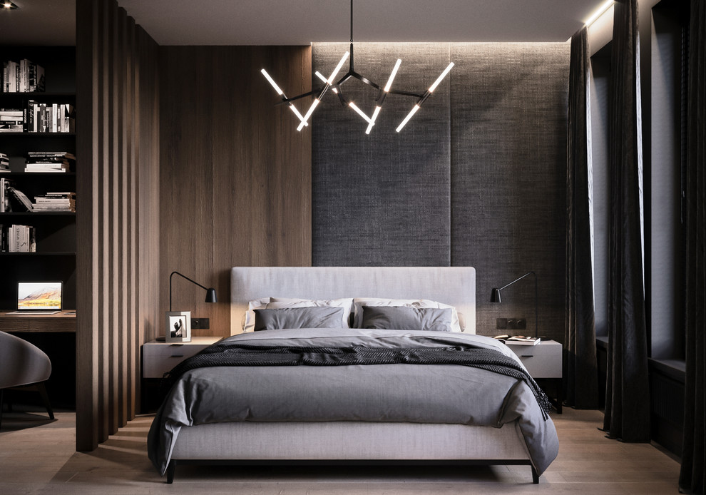 Foto de dormitorio principal nórdico de tamaño medio con paredes negras, suelo de madera clara y suelo beige