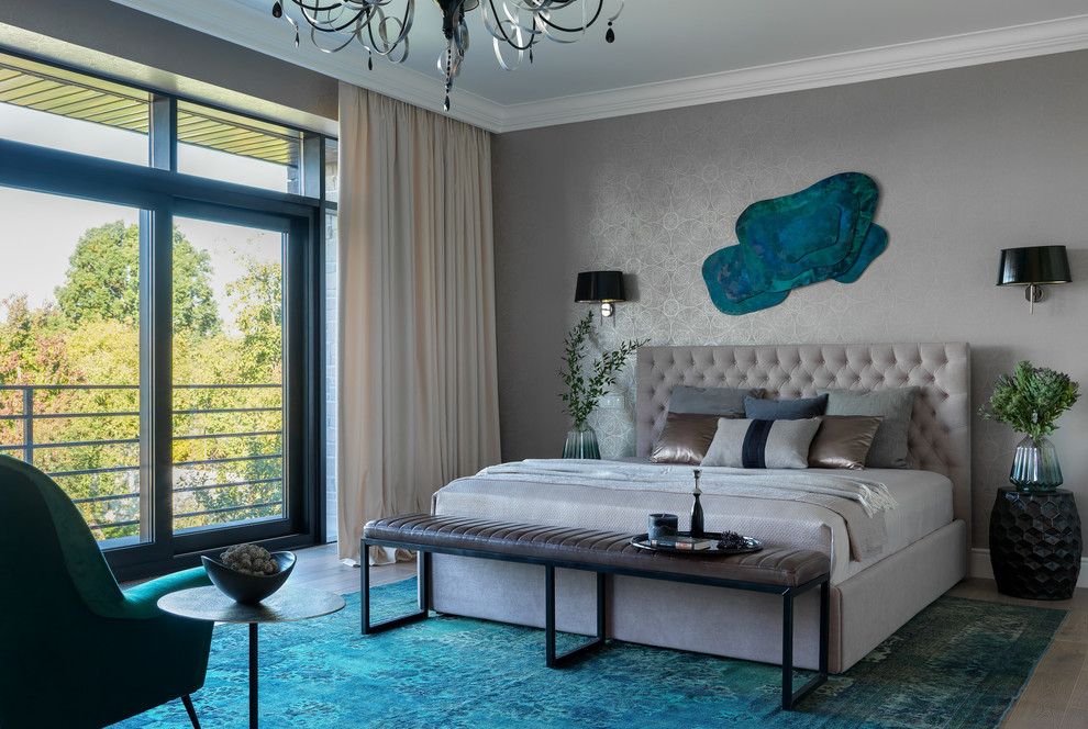 Contemporary master and grey and teal bedroom in Moscow with medium hardwood flooring, grey walls, grey floors and feature lighting.
