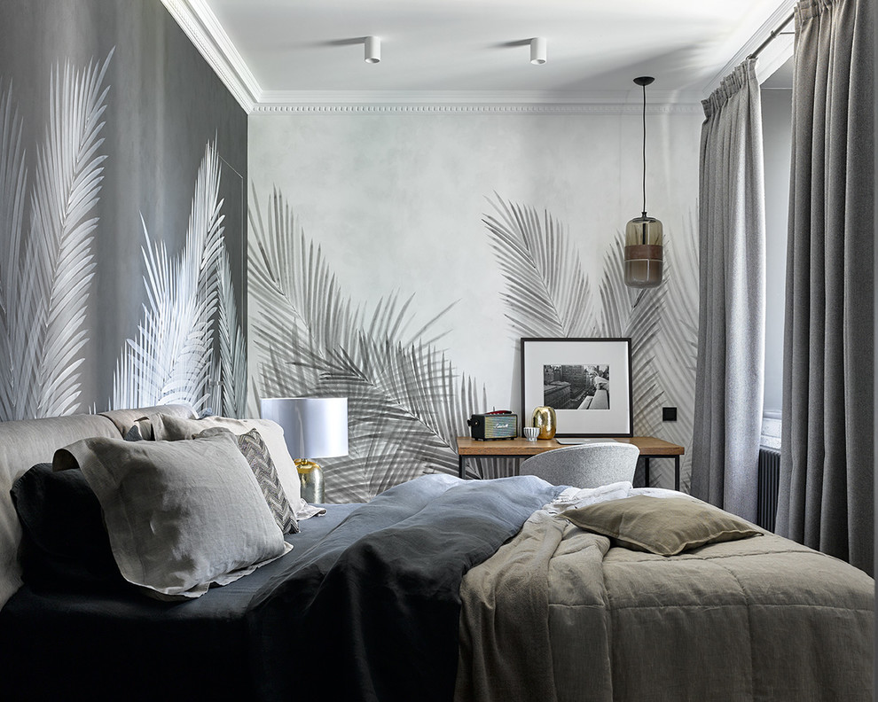 Пример оригинального дизайна: гостевая спальня (комната для гостей) в современном стиле с серыми стенами