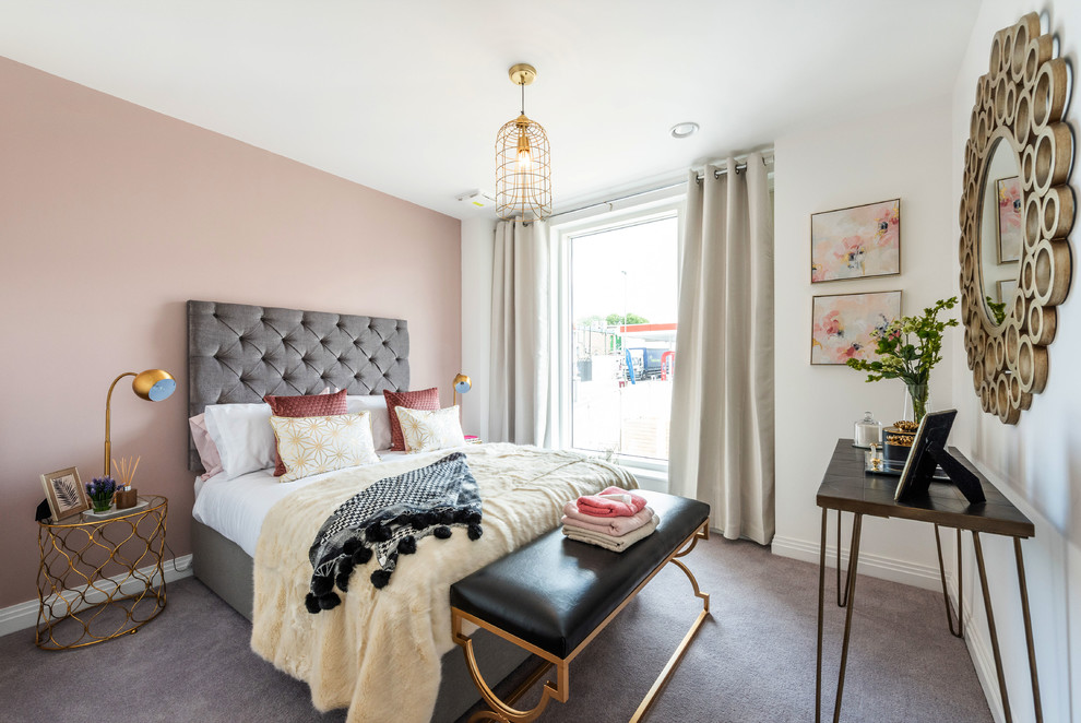Inspiration for a medium sized contemporary grey and pink bedroom in London with white walls, carpet and grey floors.