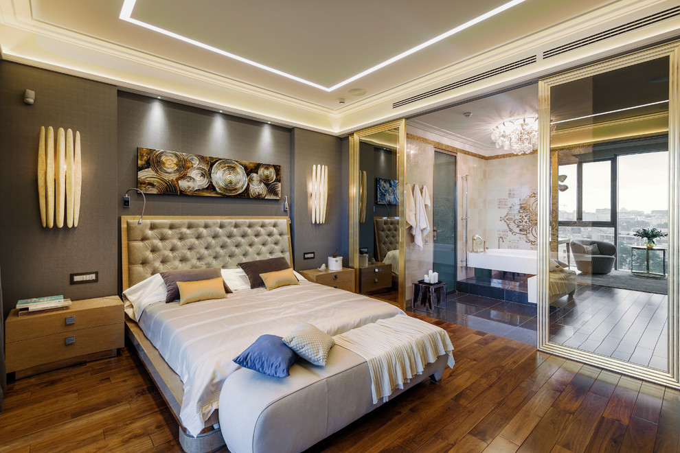 Design ideas for a contemporary master bedroom in Moscow with grey walls and dark hardwood flooring.